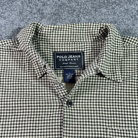 Vintage Polo Ralph Lauren Flannel Shirt Large Beige Houndstooth Loop Collar Camp